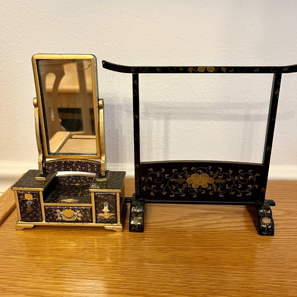 Antique Miniature Japanese Hina Doll Kimono hanger and Vanity desk